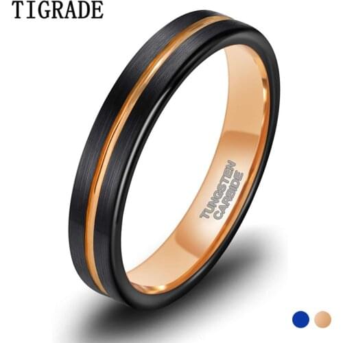 TIGRADE 4mm Tungsten Ring Wedding Bands for Men Women Thin Groove Two Tone Engagement Ring Blue and Rose Gold Color Size 5-12