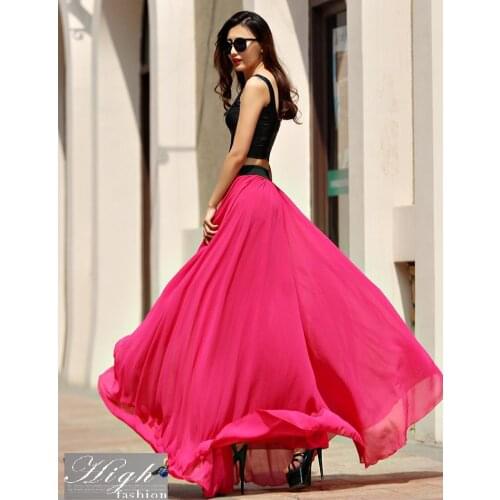 Customize 3XS-8XL Women Summer Chiffon Floor Length Big Hem Solid Beach Skirt Ladies Fresh Casual shin elastic waistband Skirts