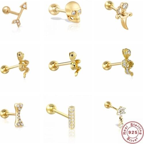 Aide 925 Sterling Silver White CZ Crystal Geometry Stud Earrings For Women Rock Punk Skull Snake Arrow Piercing Ear Stud Jewelry