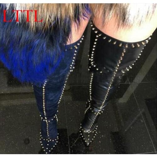 LTTL 2018 Top Design Women Thigh High Spike Boots Over the Knee Women Boots with Rivets Pointed Toe High Heels zapatos mujer