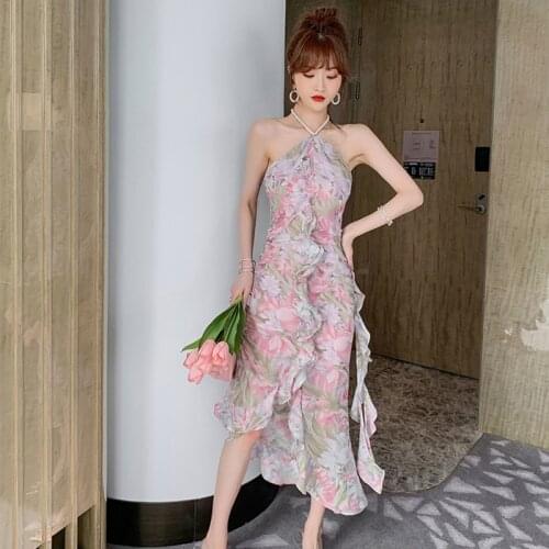 Fashion Summer Korean Sexy Neck-Mounted Maxi Party Dress Ladies Elegant Robe Vintage Backless Floral Ruffle Beach Vacation Dress