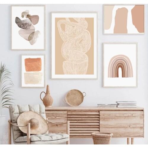Abstract Boho Style Beige Geometry Line Canvas Painting Wall Art Prints And Posters Pictures Living Room Home Interior Decor