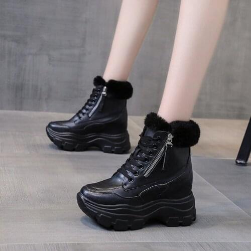 2020 New Winter Women Ankle Boots Heels High Top Wedge Boots Warm Fur Platform Leather Sneakers Cotton Snow Boots For Woman
