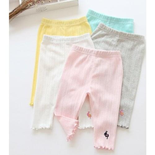 2019 Summer Kids Children Birthday Gift Soild Color Hollow Out Embroidery Cute Animal Ruffle Calf Length Short Leggings Girls