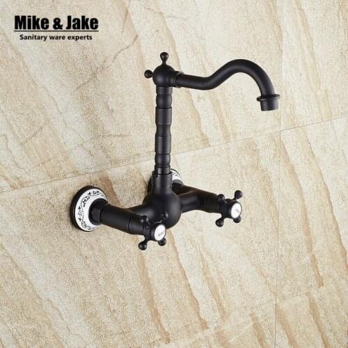 Double handle wall mounted Black faucet bathroom sink faucet tap ceramic Black antique brass tap bath faucet wall basin mixer