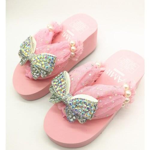 HAHAFLOWER SUMMER WOMEN SANDALS DIAMOND SOFT FACE BOW GIRL PINK WEDDING SLIPPERS PLATFORM ANTISKID SANDALS SLIPPERS