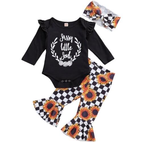 Baby Girls Clothes Set Newborn Infant 0-4Y Fashion 3PCS Print Top Romper+Flare Pants+Headband Bebes Set Vetement Bebe Robe Bebe