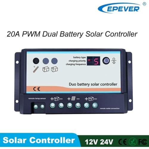 EPever PWM Dual Battery Solar Charge Controller 12V 24V Auto for RVs Caravans Bus Boats etc with MT1 Solar Regulator DB-10A