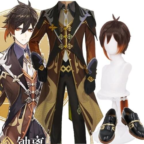 Game Genshin Impact Cosplay Zhongli Costume Zhong li Cosplay Long Christmas Brown Orange Wig Cosplay Anime Wigs Wig Cap shoes
