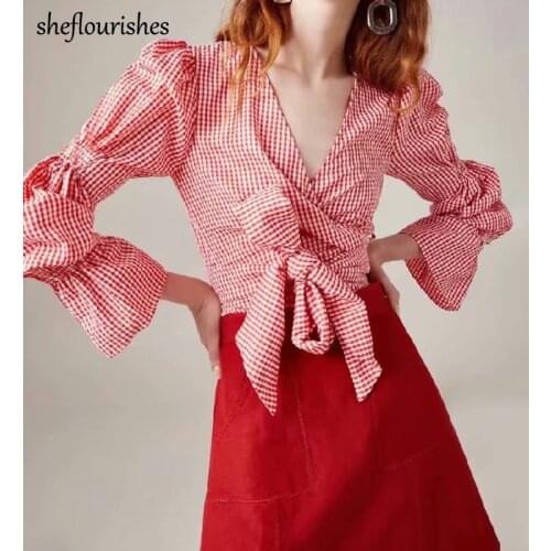 2020 Autumn shirt women vintage plaid blouse black lantern sleeve blouse sexy v neck wrap shirt slim bandage blouse red ladies