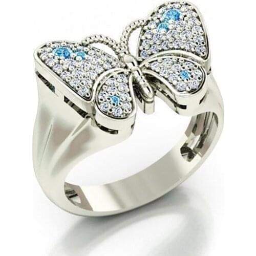 Trendy Silver Color Lovely Butterfly Insect Crystal Zircon Rhinestone Female Metal Ring for Women Party Jewelry