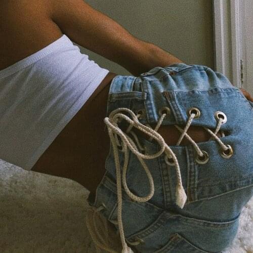 Fashion Summer Women High Waisted Ripped Hollow Out Bandage Loose Straight Leg Casual Zipper Jeans