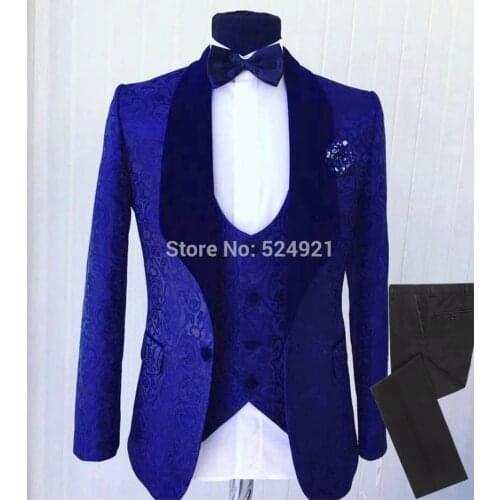 Men Suits Black and Royal Blue Pattern Groom Tuxedos Shawl Velvet Lapel Groomsmen Wedding Best Man ( Jacket+Pants+Vest+Tie )C705