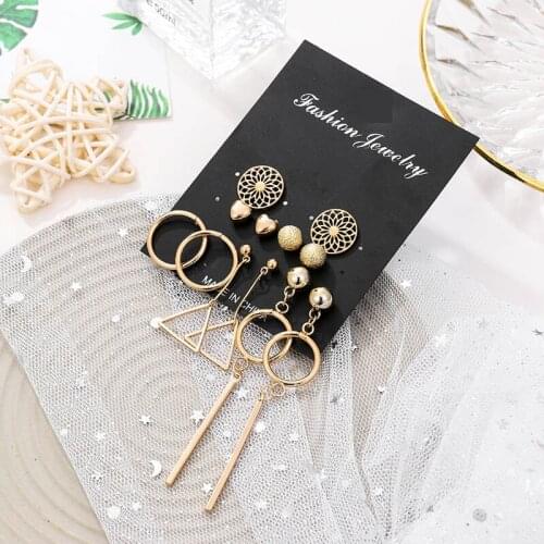 New fashion golden metal geometric circle triangle dangle earrings for women trendy flower heart shape party earrings set