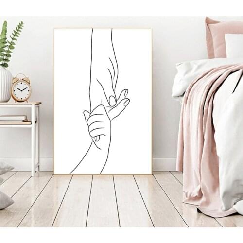 Wall Art Canvas Painting Nordic Poster for Kids Room Hands Line Drawing Art Print Nursery Wall Decor , Mom Baby Hands Minimalist