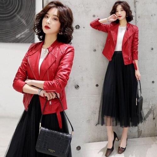 2021 Spring New PU Leather Jacket Womens Short Korean Style Slim Ladies Motorcycle Casual Trend Zipper Blazer Coat Autumn zh329