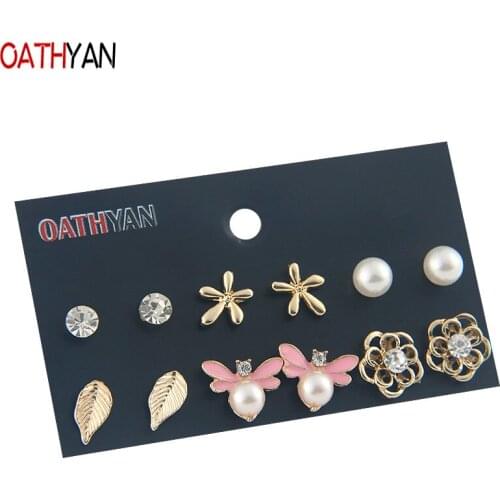 OATHYAN 6 Pairs/Set Cute Plant Flower Leaf Enamel Bee Stud Earrings Set For Women Girl Jewelry Rhinestone Simulate Pearl Earring