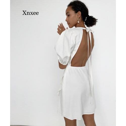 Solid Mini Dress Puff Sleeve O Neck Backless Sexy Women Casual Summer Ladies White Lace Up Asymmetry Cottonshort Dresses Robe