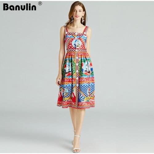Banulin Summer Runway Fashion Sicilian Spaghetti Strap Dress Women Retro Printing Colorful Knee Suspender Camisole Dress