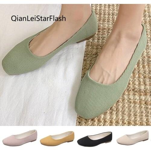Plus Size Spring Autumn Women Flats Square Toe Boat Shoes Striped Ballet Flats Cotton shallow Slip on Shoes Woman zapatos mujer