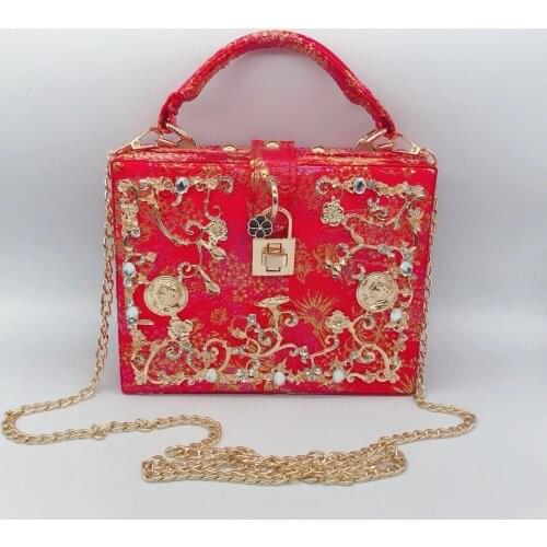 Luxury Red Acrylic Patchwork Wedding Bridal Top-Handle Handbags New Arrival Metal Long Chain Shoulder Crossbody Square Purses