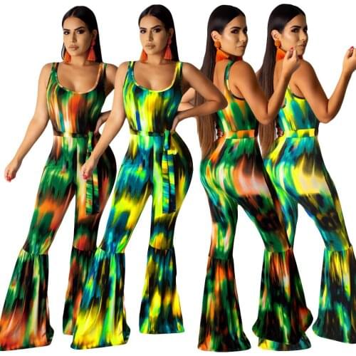 S-2XL Summer Wide Leg Jumpsuit Women Printed Tie Dye Sling Sleeveless Backless Sexy Fashion Loose Romper Wholesale Dropshipping