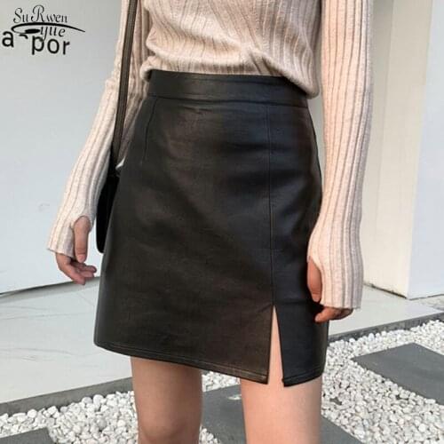 Sexy Black Split Mini Skirts PU Leather Skirt Club Wear Women High Waist Skirt Ladies Rave Clothes 2021 Autumn Winter New 17191