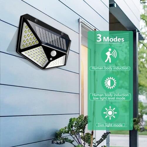 100 LED Solar Light 3 Modes PIR Motion Sensor Wall Powered Sunlight Lamp Outdoor Waterproof Garden Decoration Wide Angle Light