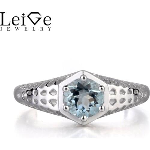 Leige Jewelry Real Aquamarine Blue Color Round Cut Engagement Rings Wedding Bands For Woman March Birthstone 925 Sterling Silver