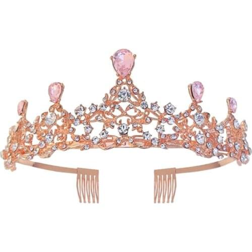 32CE Pink Baroque Royal Queen Gold Wedding Crown Crystal Princess Tiara Headbands for Women Bridal Party Birthday Headpieces