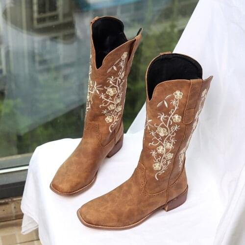Brown Black PU Leather Embroidered Knee High Boots Women Square Toe Thick Heels Winter Long Boots Flats Knight Western Botas