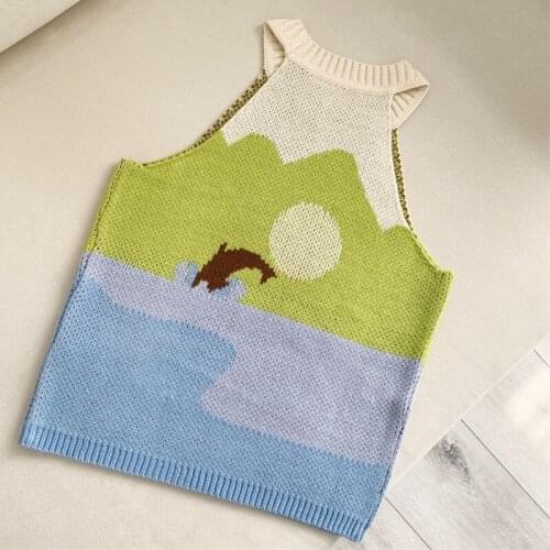 Print Knitted Crop Vest Fashion Casual Sleeveless Halter Women Vests Summer Streetwear Vintage Home Beach Off Shoulder Vest