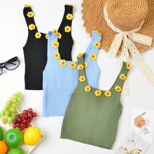 Tank Top Women Floral Crop Top Cute Korean Backless Clothing Knitted Short Black Red Pink Blue Green Flowers 2021 Summer Sexy