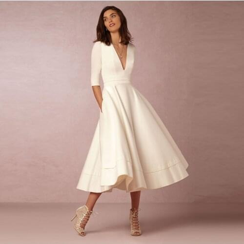 Elegant A-Line V Neck White Maxi Casual Solid Color Female Office Half Sleeves Simple Night Club Long Dress