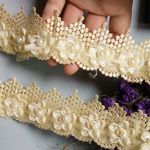 2 Yard Light Gold Sequin Ribbon Flowers Pearl Lace Trimmings Ribbons Beaded Lace Fabric Embroidered Sewing Wedding Dress