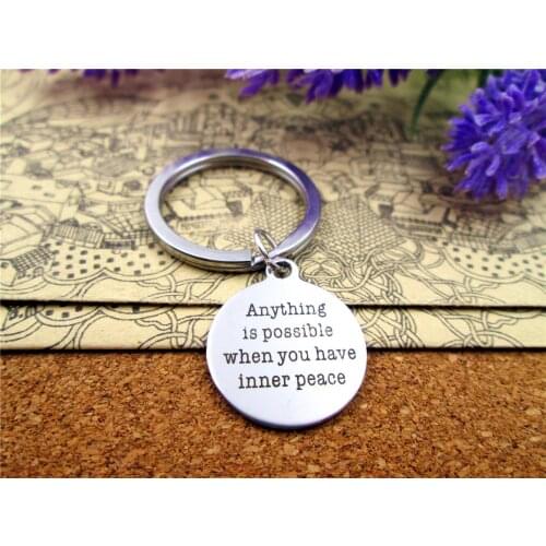 3pcs/lot 28mm stainless steel keyring with 20mm stainless steel circle"anything is possible when you have inne peace " charms