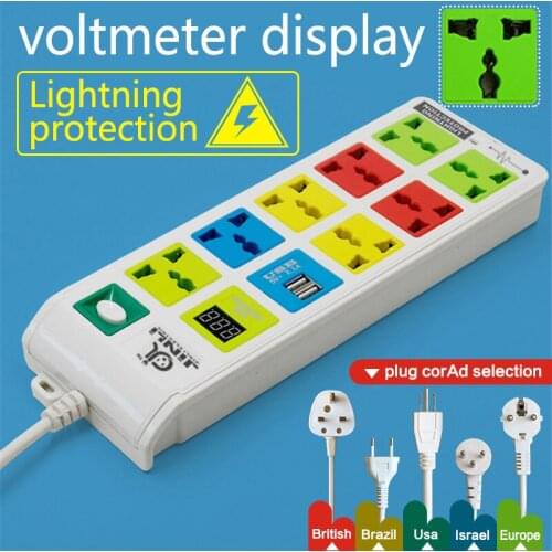 8 Outlet & 2 USB Charging Port power socket, power strip EU UK US with LED voltmeter Power Strip