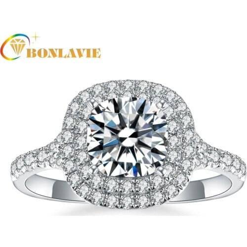 BONLAVIE 3ct Round Main Stone Inlaid with 2 Circles of Round Zircon 925 Silver Ring for Wedding Engagement
