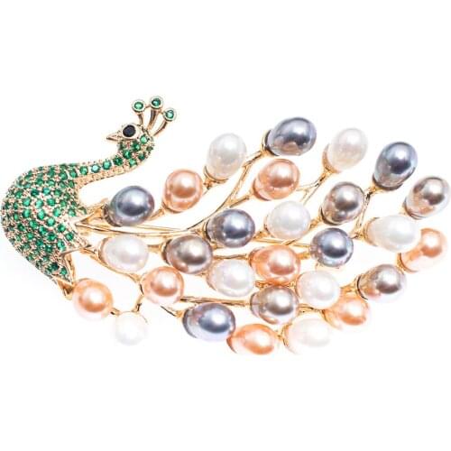 Pearls Cubic Zirconia Peacock Brooch Broach Pin Pendant Women Jewelry Accessories XR00368