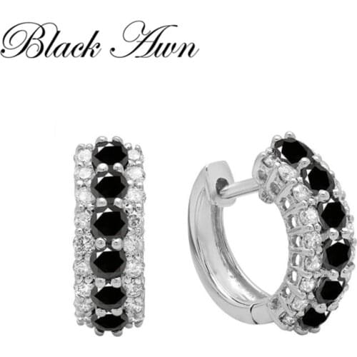 Black Awn Classic 925 Sterling Silver Round Black Trendy Spinel Engagement Hoop Earrings for Women Fine Jewelry Bijoux I173
