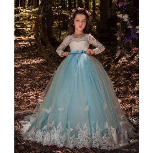 Long Sleeve Butterfly Lace Flower Girls Dresses Vintage Lace Ball Gown Kids First Communion Dress Light Blue Pageant Custom