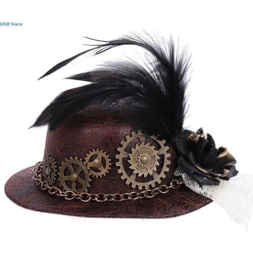 Halloween Gothic Mini Top Hat Steampunk Gears Chain Feather Cosplay Hair Clip