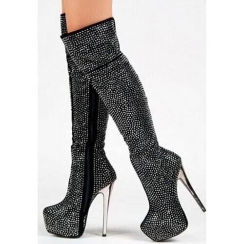Latex Women Thigh High Platform Zip Boots Wide Calf Metal Stiletto High Heels Glitter Boots Leather Over The Knee Shoes Woman