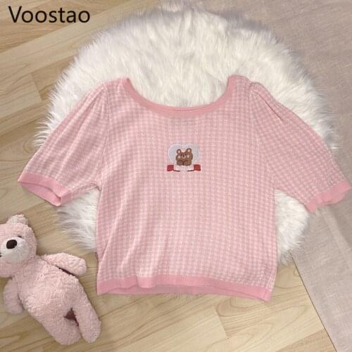 Summer Japanese Sweet Lolita Style T-Shirts Kawaii Plaid Bear Embroidery O-Neck Short Sleeve Tees Girly Cute Thin Knit Shirts
