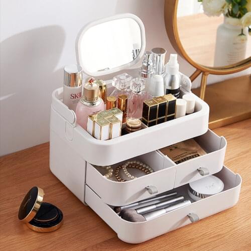 Fashion Style With Mirror Portable Cosmetic Storage Box Desktop Jewelry Lipstick Skin Care Creative Drawer Makeup Storage Box
