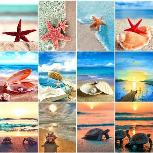 AZQSD DIY Paint By Numbers For Adults Seaside Starfish Sunset On Canvas Frameless Oil Painting Landscape Wall Decoration Gift