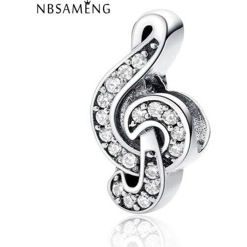Authentic 100% 925 Sterling Silver Bead Charm European Music Treble Clef Crystal Pendant Fit Bracelets Jewelry Gift