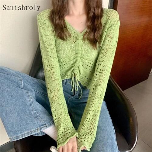 Hollow Out Thin Knitted Pullovers 2021 Summer Autumn Women V Neck Drawstring Sweater Female Long Sleeve Short Knitwear Jumpers