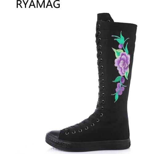 Ryamag 2021 New Womens Canvas Boots Long Dance Boots Shoes Flats Rose Print Zipper Comfortable Vulcanize Sneakers