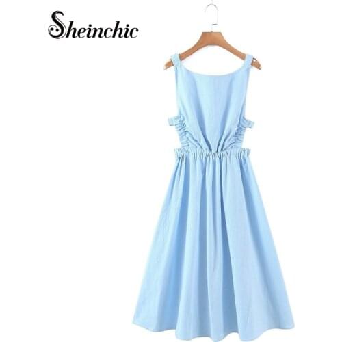 Sexy Blue Strapless Backless Woman Dress 2021 Summer Boho Beach Dress Midi Cotton Robe Femme